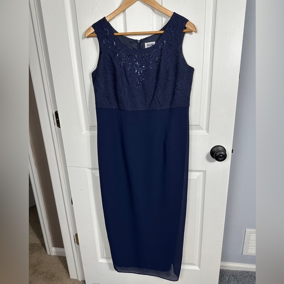 TWO piece set. R & M Richards dress/jacket, embellished, navy blue, 12P - Picture 1 of 16